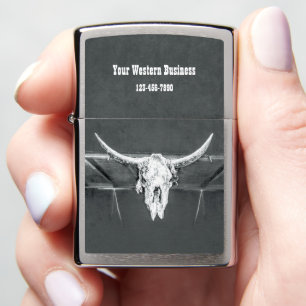 Rustic Western Charcoal Grey White Bull Cow Skull Zippo Lighter