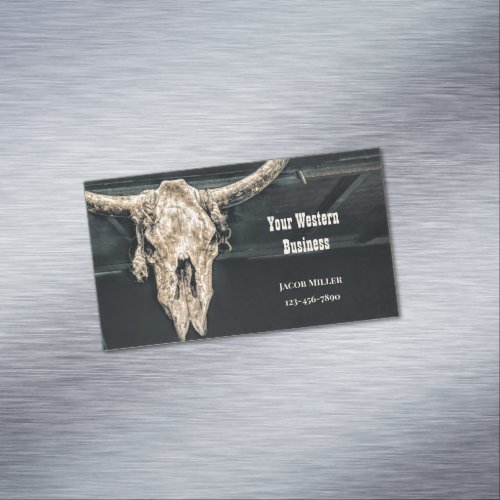 Rustic Western Country Beige Gray Bull Cow Skull Business Card Magnet