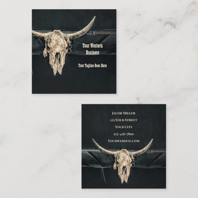Rustic Western Country Beige Gray Bull Cow Skull Square Business Card (Front/Back)
