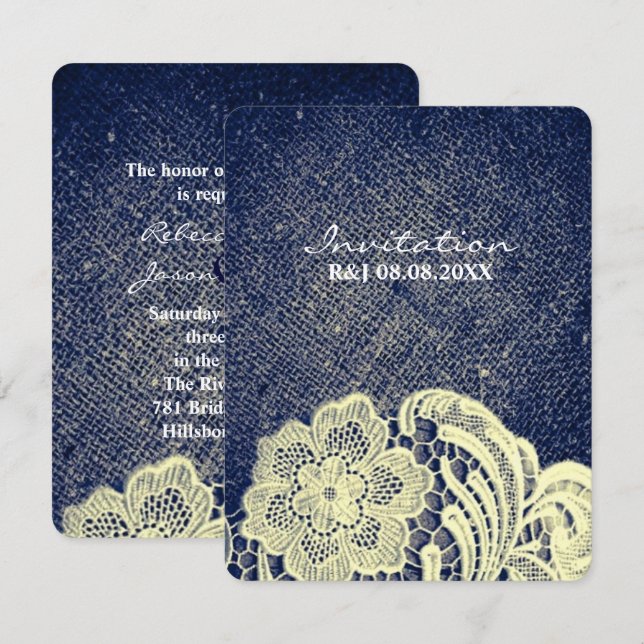 rustic western country Blue denim and lace wedding Invitation (Front/Back)