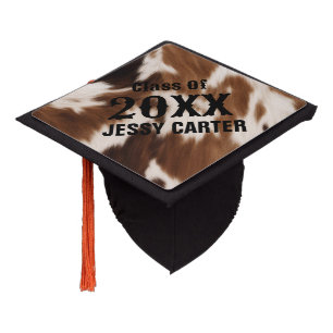 Rustic Western Country Brown Cowhide Personalized Graduation Cap Topper