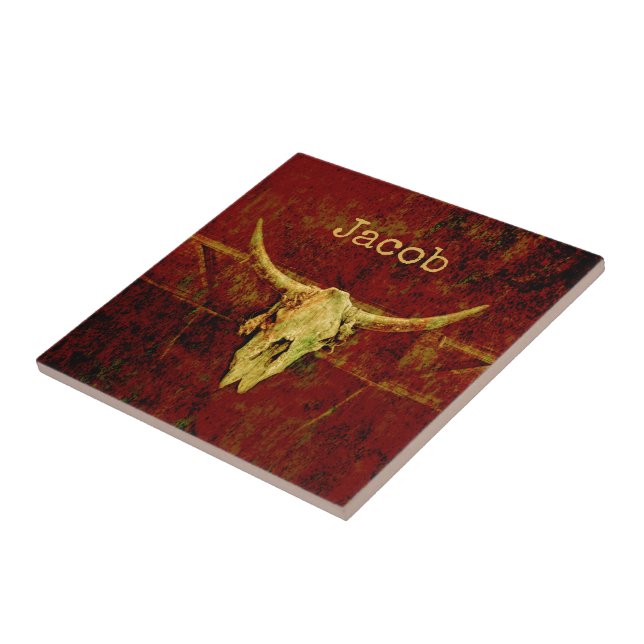 Rustic Western Country Brown Grunge Bull Skull Ceramic Tile (Side)