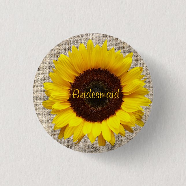 Rustic Western Country Burlap Sunflower bridesmaid Pinback Button (Front)