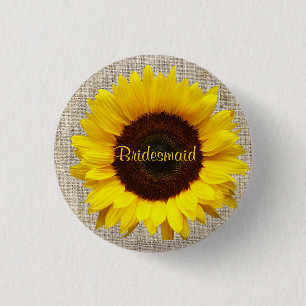 Rustic Western Country Burlap Sunflower bridesmaid Pinback Button