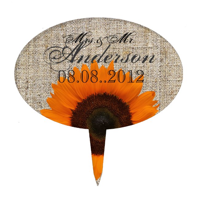 Rustic Western Country Burlap Sunflower Wedding Cake Topper (Front)