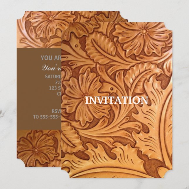 rustic western country cowboy tooled leather invitation (Front/Back)