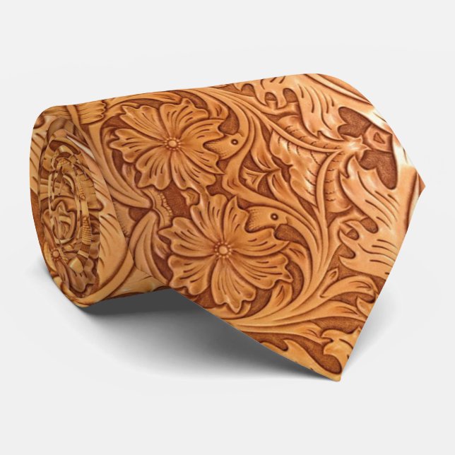 rustic western country cowboy tooled leather neck tie (Rolled)