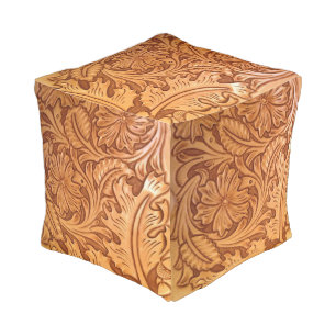 rustic western country cowboy tooled leather pouf