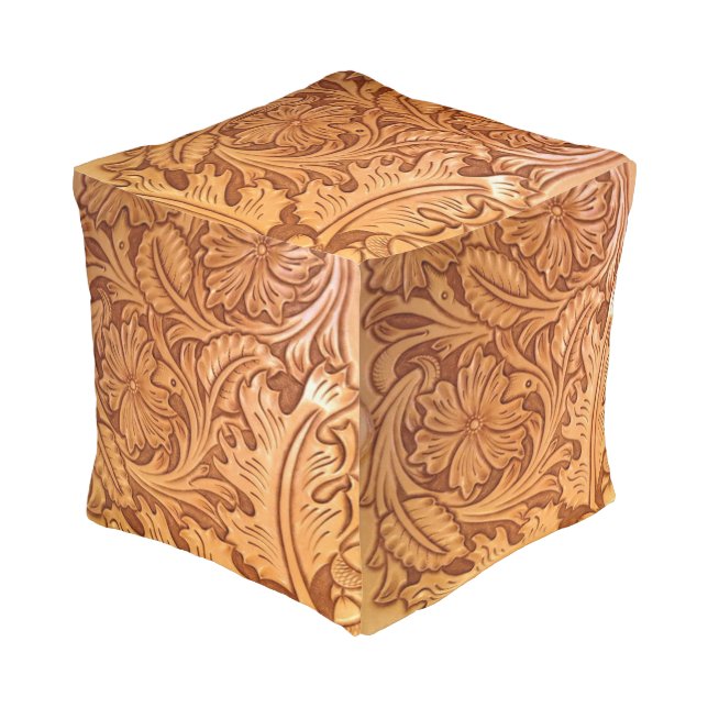 rustic western country cowboy tooled leather pouf (Angled Front)