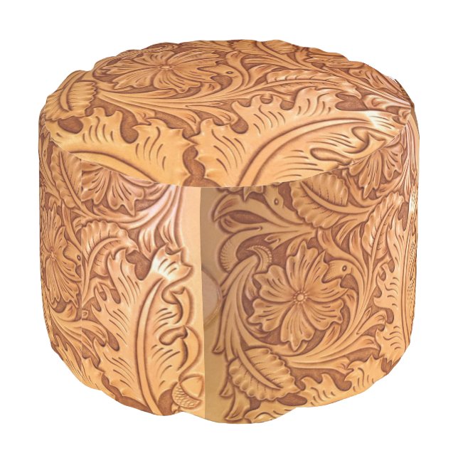 rustic western country cowboy tooled leather pouf (Angled Back)