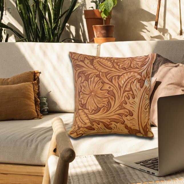 rustic western country cowboy tooled leather throw pillow (Creator Uploaded)
