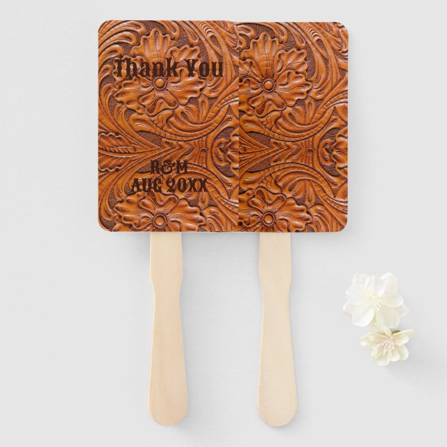 Rustic western country cowboy wedding favor hand fan (Front and Back)
