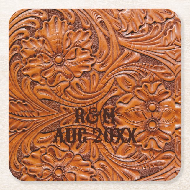 Rustic western country cowboy wedding favor square paper coaster (Front)