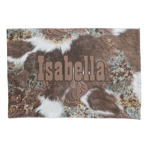 Rustic Western Country Cowhide Brown Leather Name Pillow Case