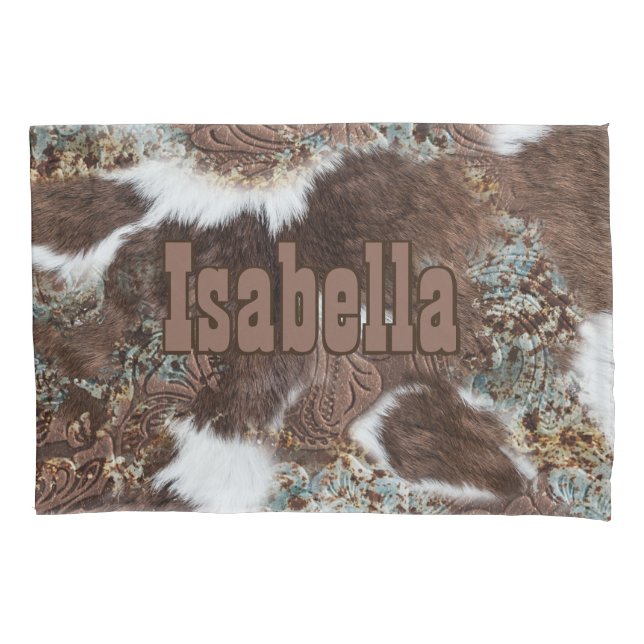 Rustic Western Country Cowhide Brown Leather Name Pillow Case (Front)
