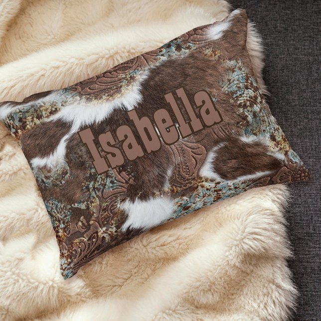 Rustic Western Country Cowhide Turquoise Name Accent Pillow (Creator Uploaded)