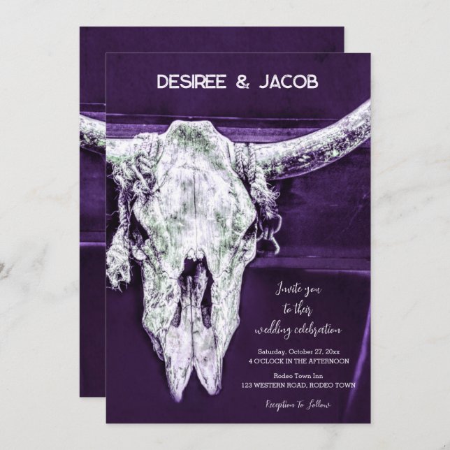 Rustic Western Country Dark Purple Bull Skull Invitation (Front/Back)