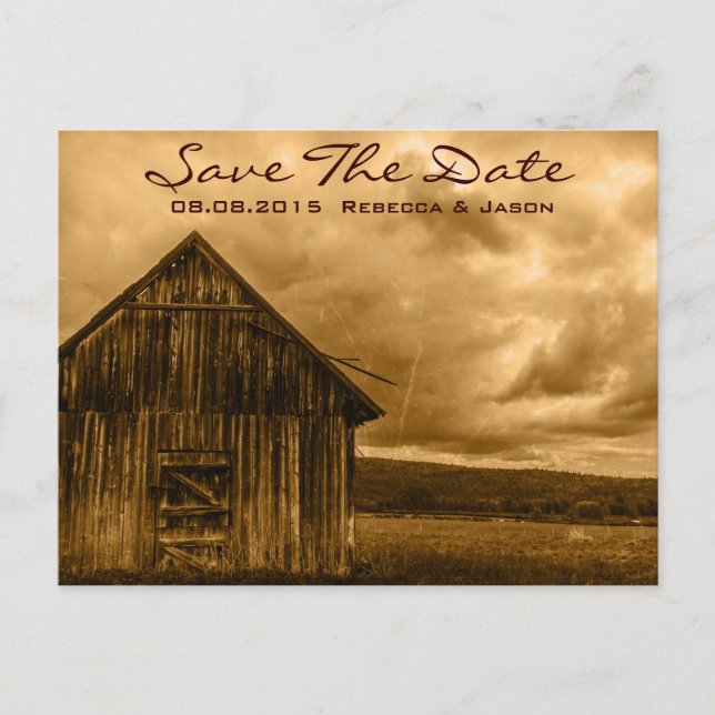 rustic western country farm old barn wedding announcement postcard (Front)