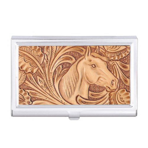 rustic western country leather equestrian horse business card case
