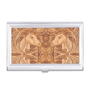 rustic western country leather equestrian horse business card case