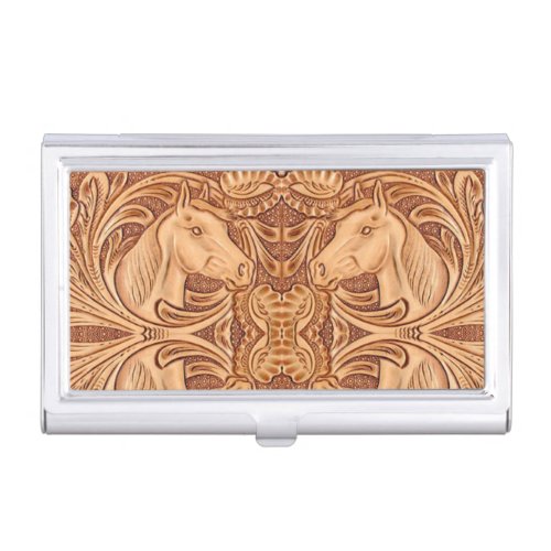 rustic western country leather equestrian horse business card case