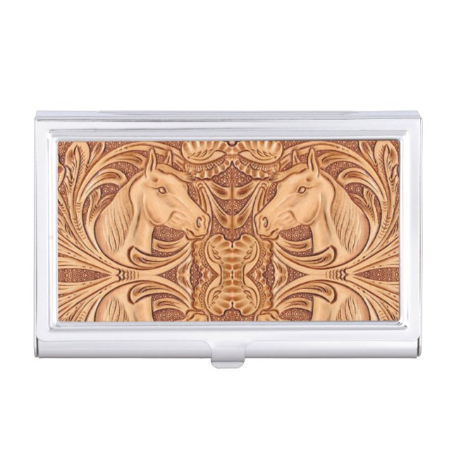 rustic western country leather equestrian horse business card case (Front)