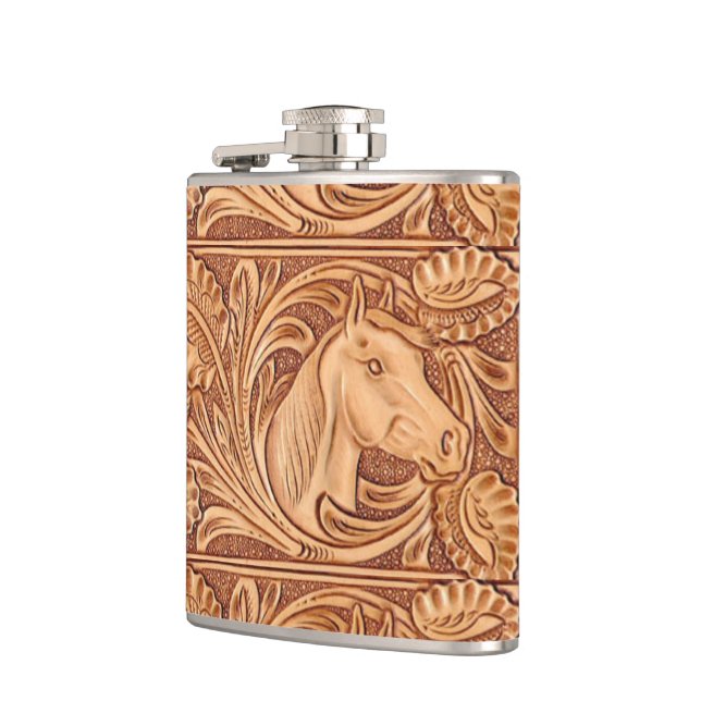 rustic western country leather equestrian horse hip flask (Left)
