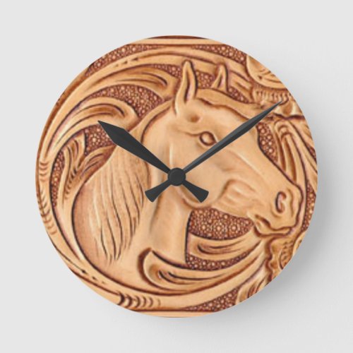 rustic western country leather equestrian horse round clock