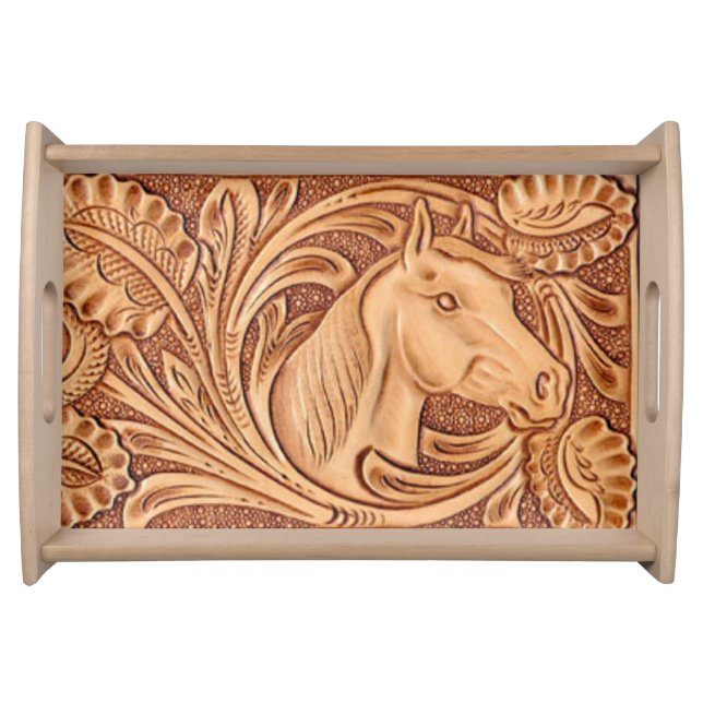 rustic western country leather equestrian horse serving tray (Front)