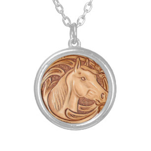 rustic western country leather equestrian horse silver plated necklace
