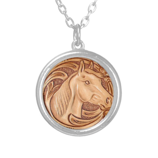 rustic western country leather equestrian horse silver plated necklace (Front)