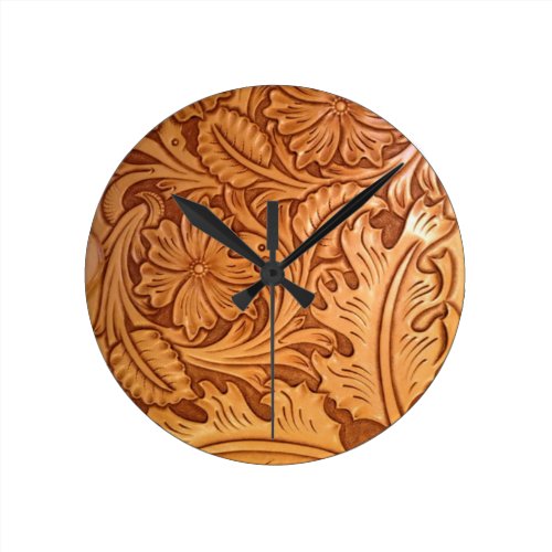 Rustic western country pattern tooled leather round wallclocks