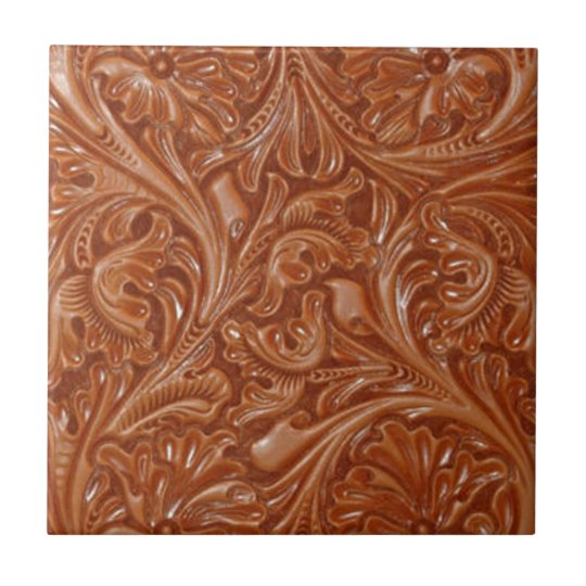 Rustic western country pattern tooled leather tile | Zazzle.com