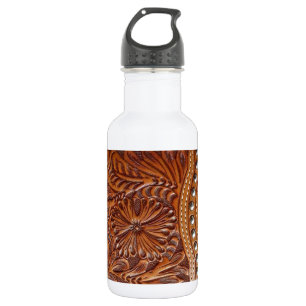 Rustic western country pattern tooled leather water bottle