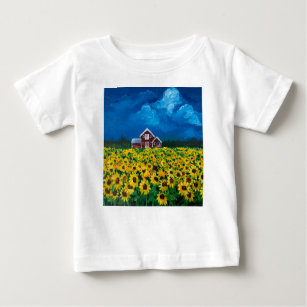 rustic western country red barn sunflower field baby T-Shirt