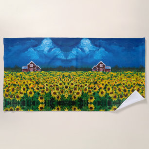 rustic western country red barn sunflower field beach towel
