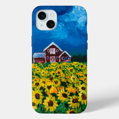 rustic western country red barn sunflower field iPhone 15 plus case