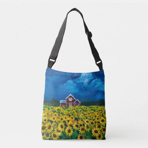 rustic western country red barn sunflower field crossbody bag