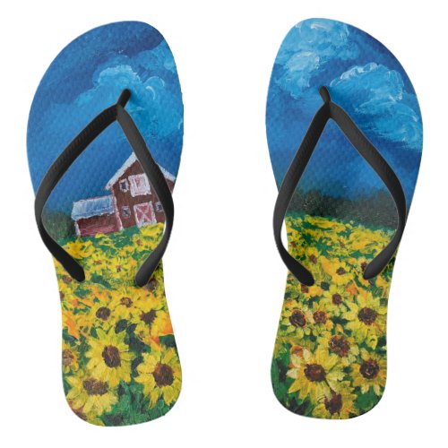 rustic western country red barn sunflower field flip flops