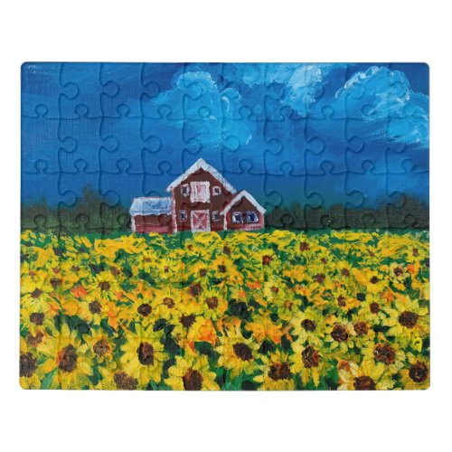 rustic western country red barn sunflower field jigsaw puzzle