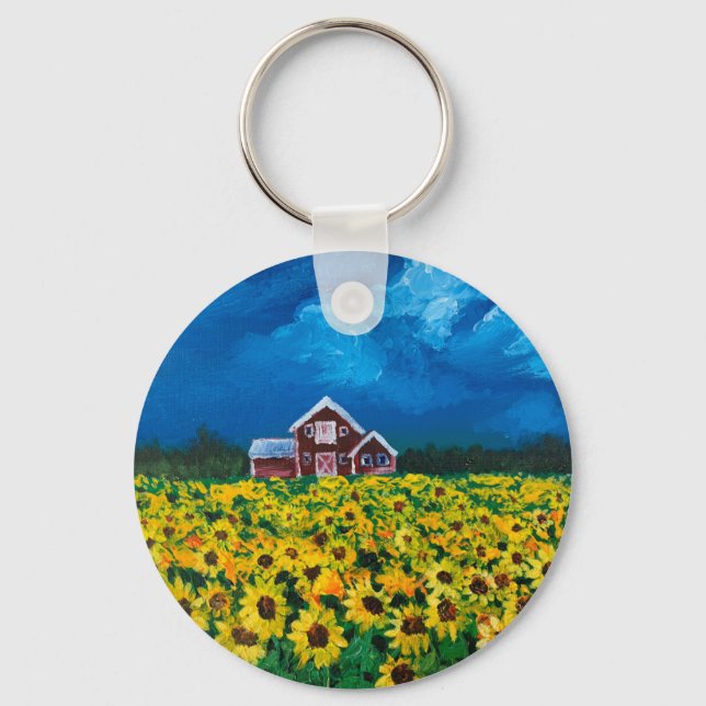 rustic western country red barn sunflower field keychain (Front)
