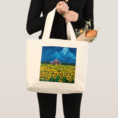 rustic western country red barn sunflower field large tote bag