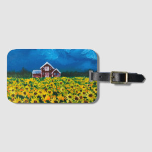 rustic western country red barn sunflower field luggage tag