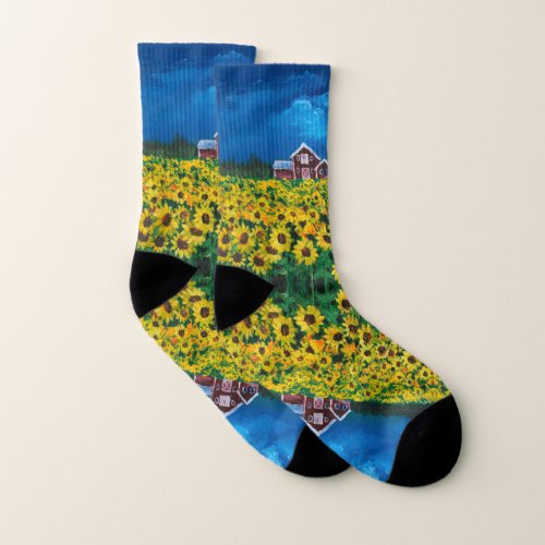 rustic western country red barn sunflower field socks