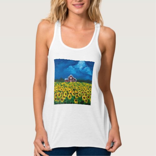 rustic western country red barn sunflower field tank top