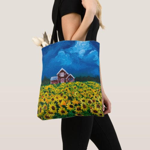 rustic western country red barn sunflower field tote bag