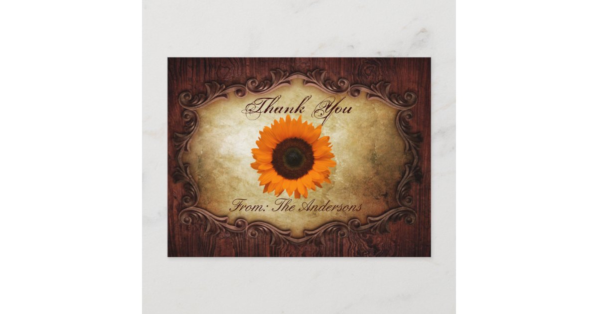 rustic western country sunflower wedding thank you postcard | Zazzle