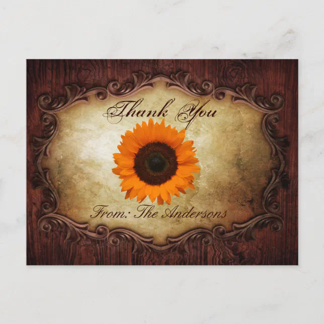 rustic western country sunflower wedding thank you postcard | Zazzle