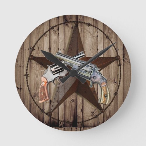 rustic western country texas star cowboy pistols round clock