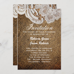 rustic western country wedding burlap and lace invitation